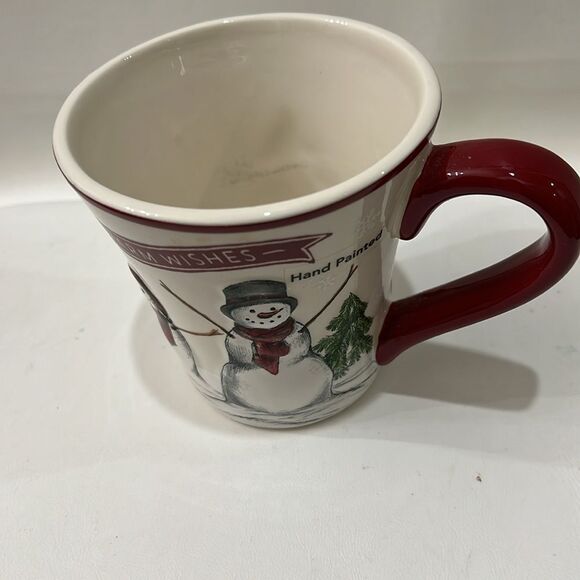 St NICHOLAS Square Red and Cream Christmas Mug Snowman Pine Tree Snowflake 16 Oz - Picture 3 of 7